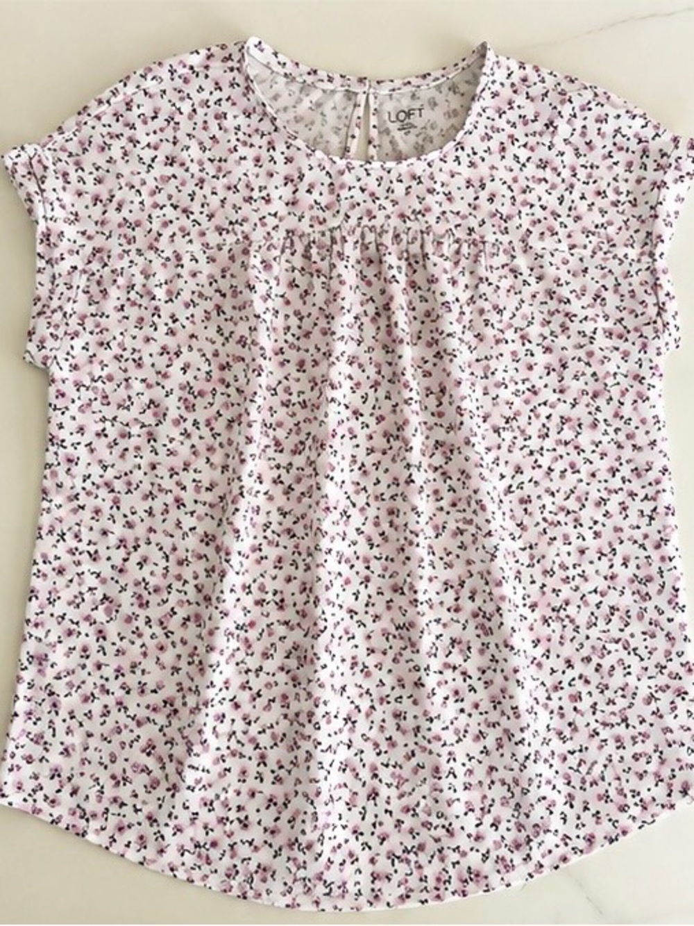 LOFT White Pink Floral Short-Sleeve Blouse